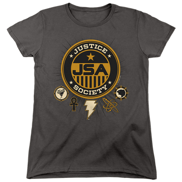 Charcoal women's t-shirt with Black Adam Justice Society graphic