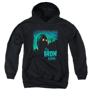 Black youth hoodie for ages 8 to 12 with The Iron Giant Look To The Stars graphic