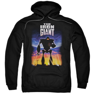 Black pullover hoodie with The Iron Giant Poster graphic