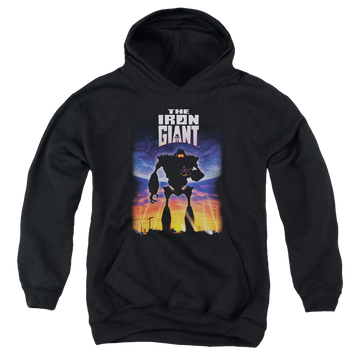 Black youth hoodie for ages 8 to 12 with The Iron Giant Poster graphic