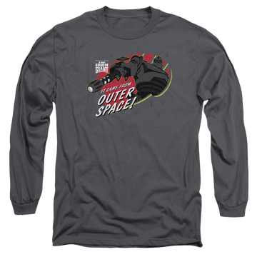 Charcoal men's long sleeve t-shirt with The Iron Giant Outer Space graphic