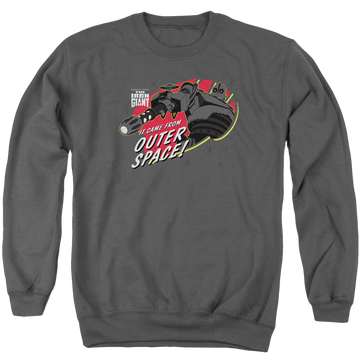 Charcoal men's crewneck sweatshirt with The Iron Giant Outer Space graphic