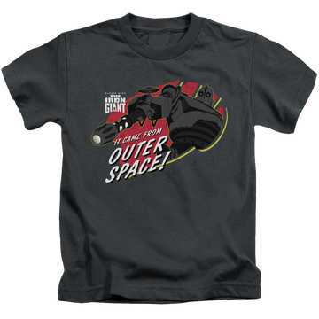 Charcoal kid's t-shirt for ages 4 to 7 with The Iron Giant Outer Space graphic