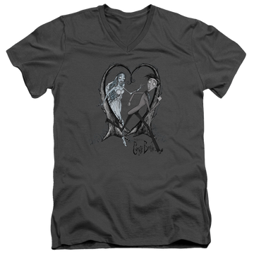 Charcoal men's v-neck t-shirt with Corpse Bride Runaway Groom graphic