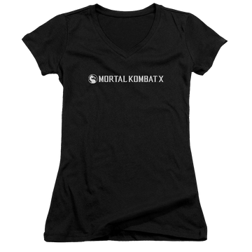 Black juniors v-neck t-shirt with Mortal Kombat Horizontal Logo graphic