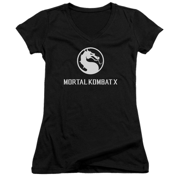Black juniors v-neck t-shirt with Mortal Kombat Dragon Logo graphic