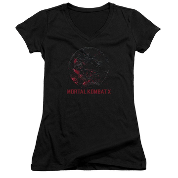 Black juniors v-neck t-shirt with Mortal Kombat Bloody Seal graphic