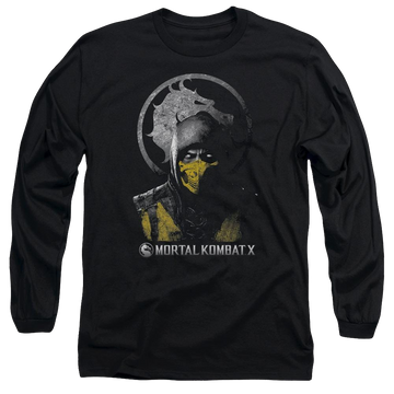 Black men's long sleeve t-shirt with Mortal Kombat Scorpion Bust graphic