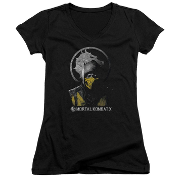 Black juniors v-neck t-shirt with Mortal Kombat Scorpion Bust graphic
