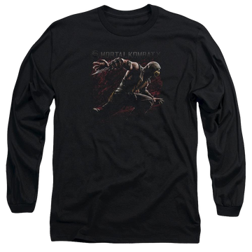 Black men's long sleeve t-shirt with Mortal Kombat Scorpion Lunge graphic