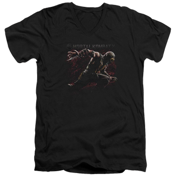 Black men's v-neck t-shirt with Mortal Kombat Scorpion Lunge graphic