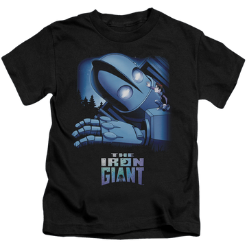 Black kid's t-shirt for ages 4 to 7 with The Iron Giant Giant And Hogarth graphic