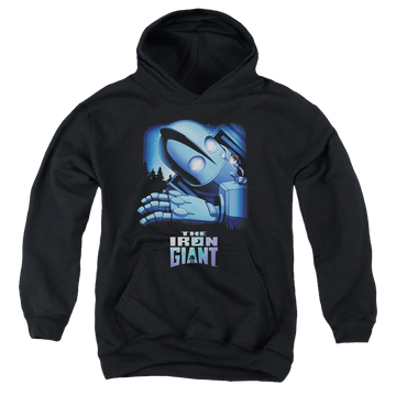 Black youth hoodie for ages 8 to 12 with The Iron Giant Giant And Hogarth graphic