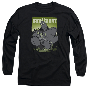 Black men's long sleeve t-shirt with The Iron Giant Helping Hand graphic