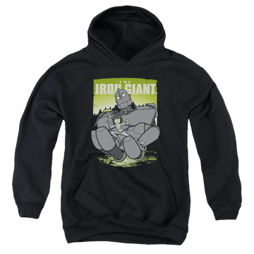 Black youth hoodie for ages 8 to 12 with The Iron Giant Helping Hand graphic