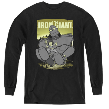 Black youth long sleeve t-shirt with The Iron Giant Helping Hand graphic