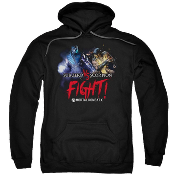 Black pullover hoodie with Mortal Kombat Fight graphic
