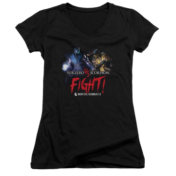 Black juniors v-neck t-shirt with Mortal Kombat Fight graphic