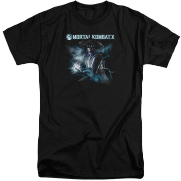 Black men's tall fit t-shirt with Mortal Kombat Raiden graphic