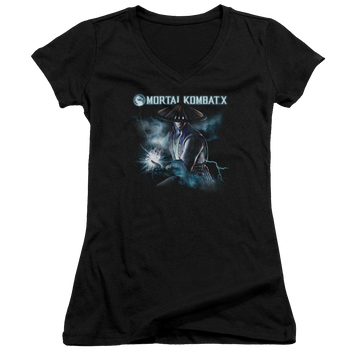 Black juniors v-neck t-shirt with Mortal Kombat Raiden graphic