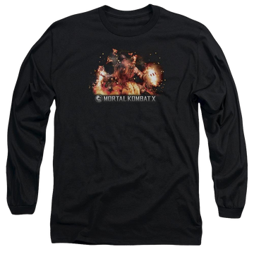 Black men's long sleeve t-shirt with Mortal Kombat Scorpio Flames graphic