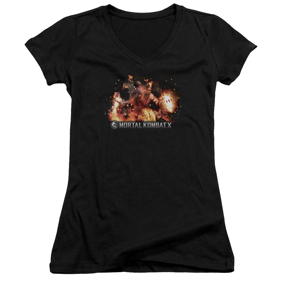 Mortal Kombat Scorpio Flames Juniors V-Neck T-Shirt Juniors V-Neck T-Shirt Mortal Kombat