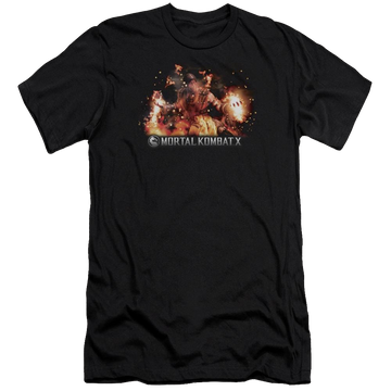 Black men's premium slim fit t-shirt with Mortal Kombat Scorpio Flames graphic