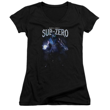 Black juniors v-neck t-shirt with Mortal Kombat Sub-zero graphic