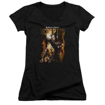 Black juniors v-neck t-shirt with Mortal Kombat Scorpion graphic