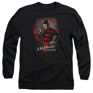 Black men's long sleeve t-shirt with A Nightmare on Elm Street This Is God graphic