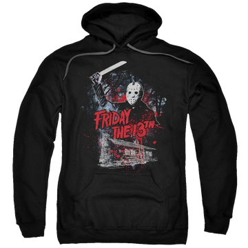 Black pullover hoodie with Friday The 13th Cabin graphic