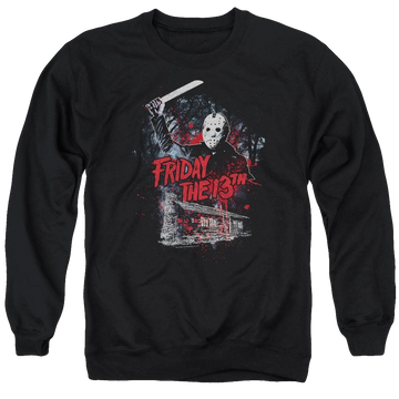 Black men's crewneck sweatshirt with Friday The 13th Cabin graphic