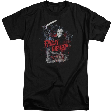 Black men's tall fit t-shirt with Friday The 13th Cabin graphic