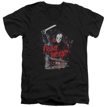 Black men's v-neck t-shirt with Friday The 13th Cabin graphic