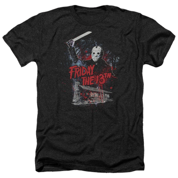 Charcoal men's heather t-shirt with Friday The 13th Cabin graphic
