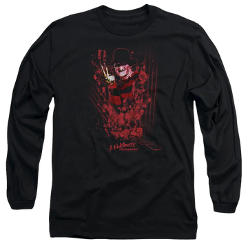 Black men's long sleeve t-shirt with A Nightmare on Elm Street One Two Freddys Coming For You graphic