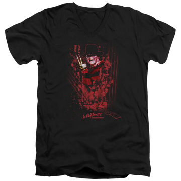 Black men's v-neck t-shirt with A Nightmare on Elm Street One Two Freddys Coming For You graphic