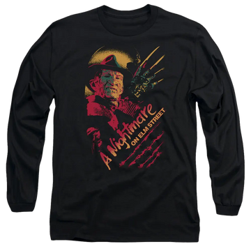 Black men's long sleeve t-shirt with A Nightmare on Elm Street Freddy Claws graphic