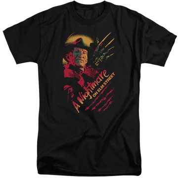 Black men's tall fit t-shirt with A Nightmare on Elm Street Freddy Claws graphic