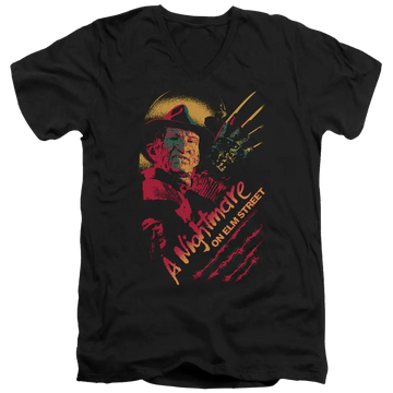 Black men's v-neck t-shirt with A Nightmare on Elm Street Freddy Claws graphic