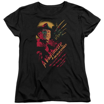 Black women's t-shirt with A Nightmare on Elm Street Freddy Claws graphic