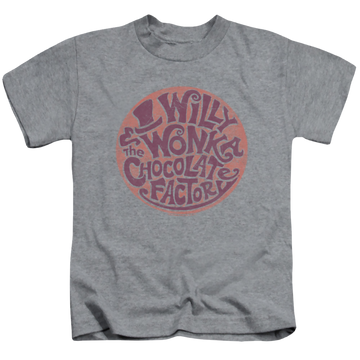 Athletic heather kid's t-shirt for ages 4 to 7 with Willy Wonka and the Chocolate Factory Circle Logo graphic