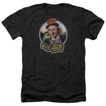 Charcoal men's heather t-shirt with Willy Wonka and the Chocolate Factory Its Scrumdiddlyumptious graphic