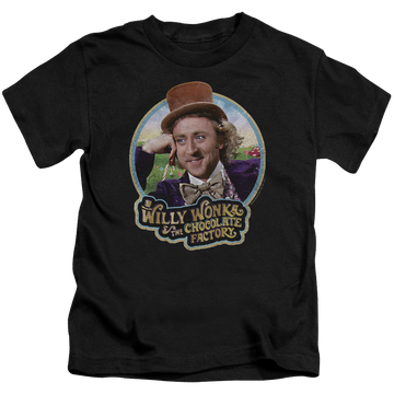 Black kid's t-shirt for ages 4 to 7 with Willy Wonka and the Chocolate Factory Its Scrumdiddlyumptious graphic