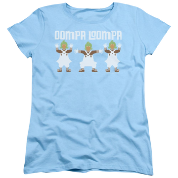 Light blue women's t-shirt with Willy Wonka and the Chocolate Factory Oompa Loompa graphic