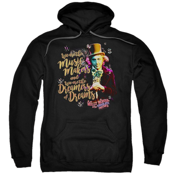 Black pullover hoodie with Willy Wonka and the Chocolate Factory Music Makers graphic