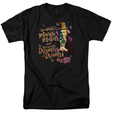 Black men's regular fit t-shirt with Willy Wonka and the Chocolate Factory Music Makers graphic