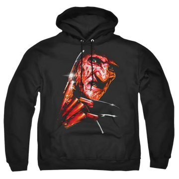 Black pullover hoodie with A Nightmare on Elm Street Freddys Face graphic