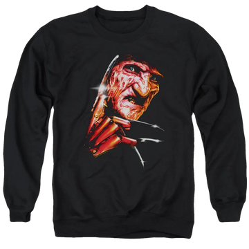 Black men's crewneck sweatshirt with A Nightmare on Elm Street Freddys Face graphic