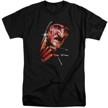 Black men's tall fit t-shirt with A Nightmare on Elm Street Freddys Face graphic